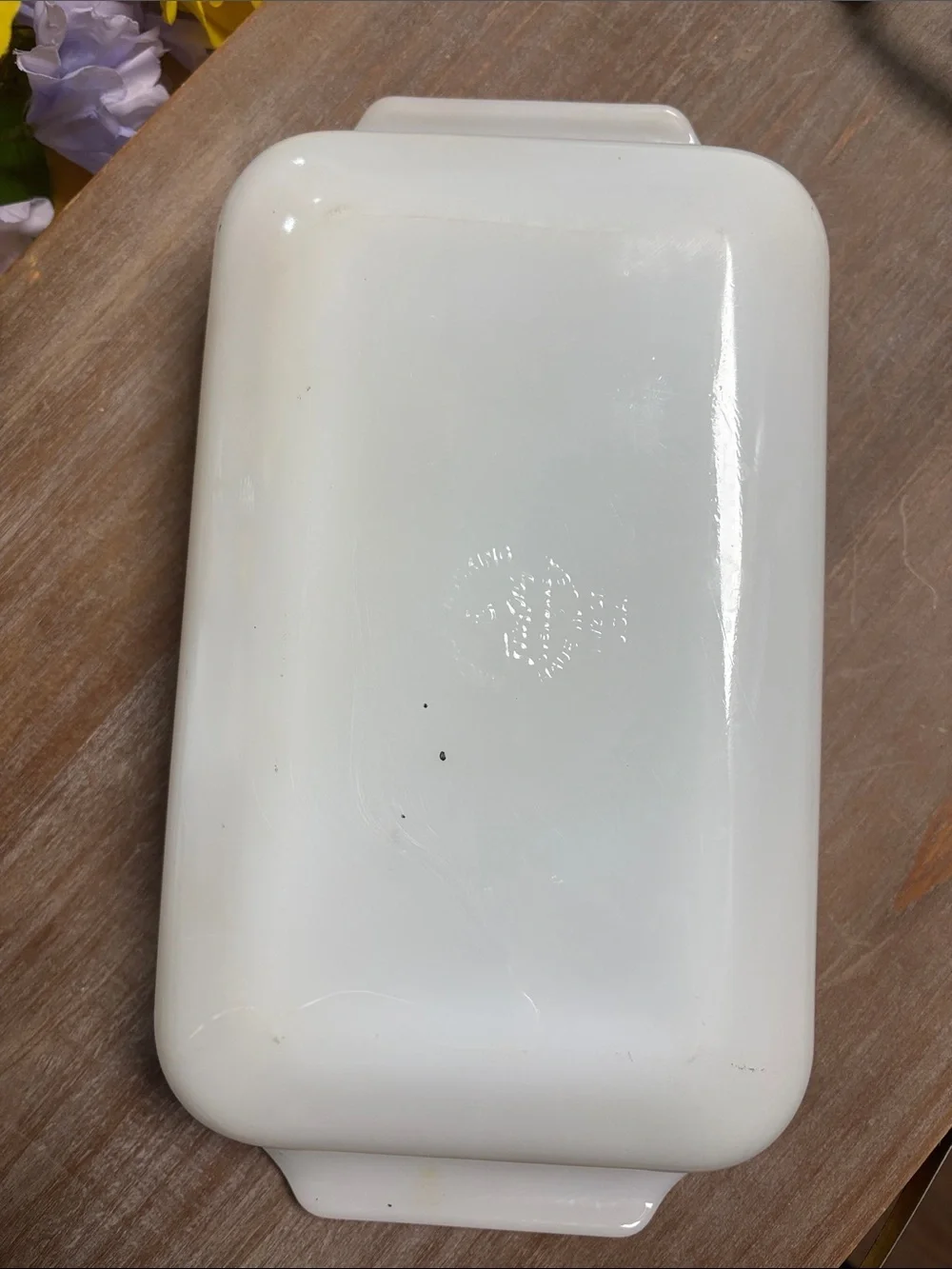 Anchor Hocking White Ceramic Baking Dish with Blue & Gold Starburst Motif